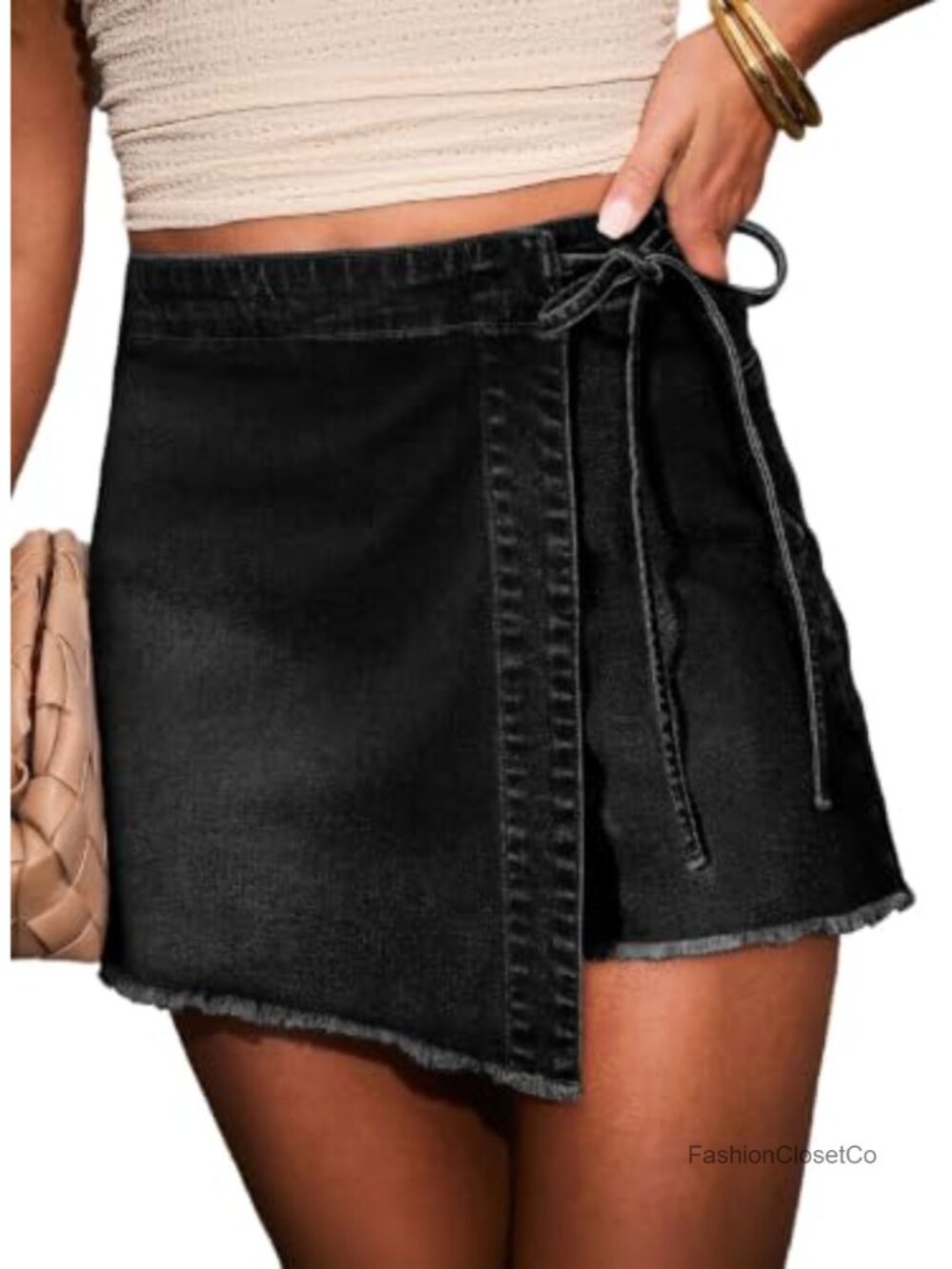 Sidefeel Womens High Waisted Asymmetrical Wrap Denim Mini Skort with Raw Hem